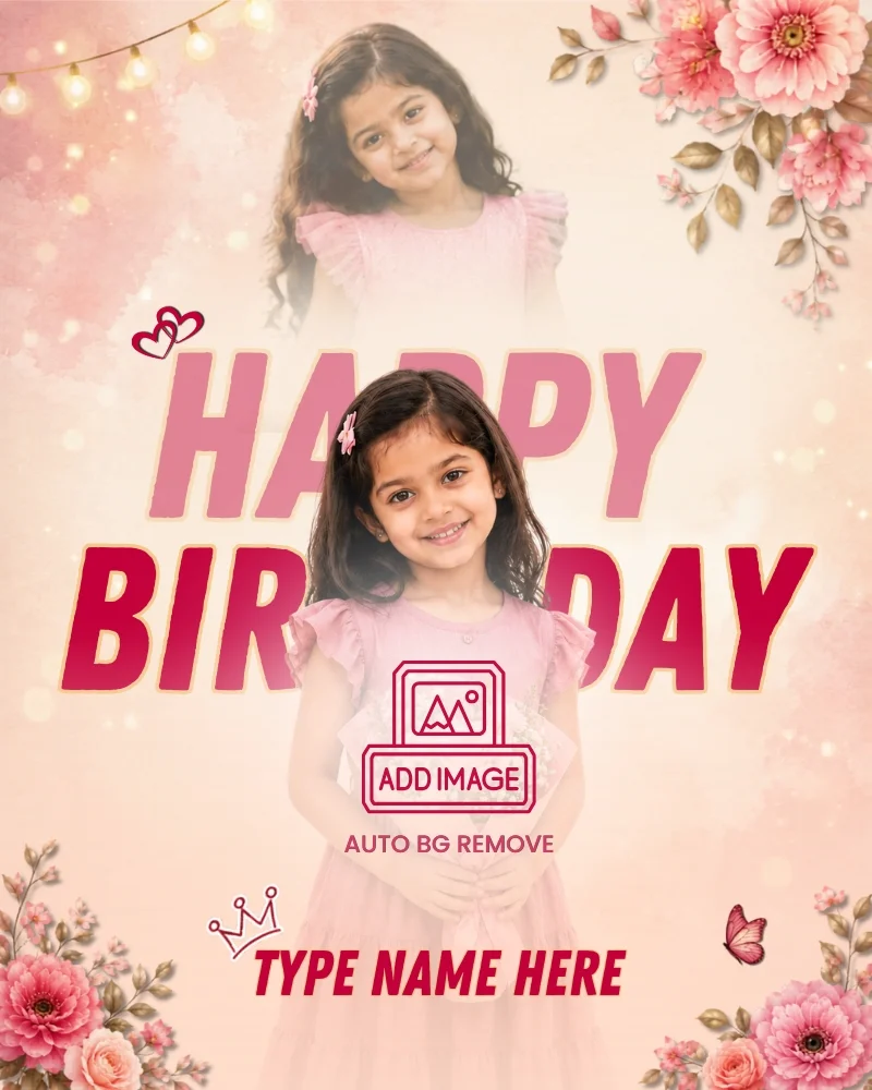 Cute Girl Happy Birthday Photo Frame with Name Edit and Auto Background Remove