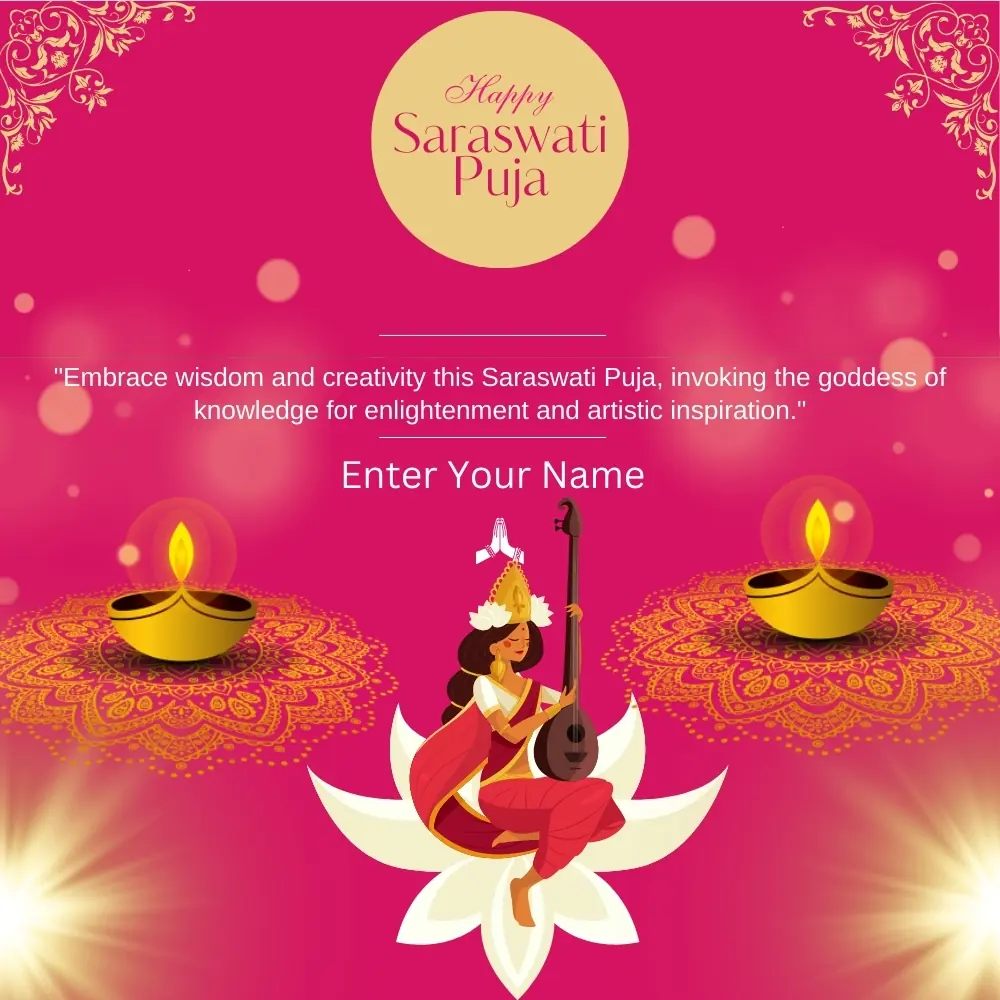 Create a beautiful Saraswati Puja wishes card with your name