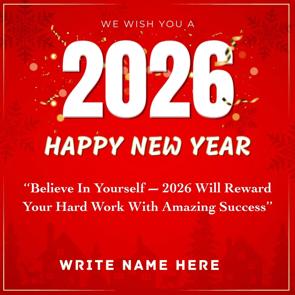 Beautiful Red Themed Happy New Year 2026 Wishes Image with Name Edit    