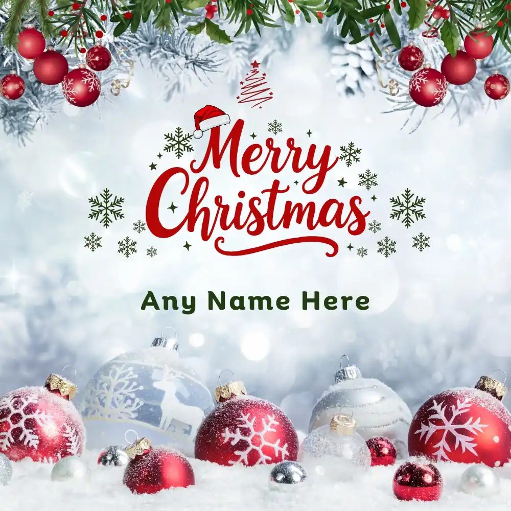 Merry Christmas greeting card with snow, ornaments, green branches, and customizable name edit