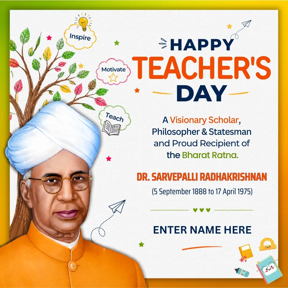 Teachers Day Greeting Card with Dr Sarvepalli Radhakrishnan Photo and Custom Name