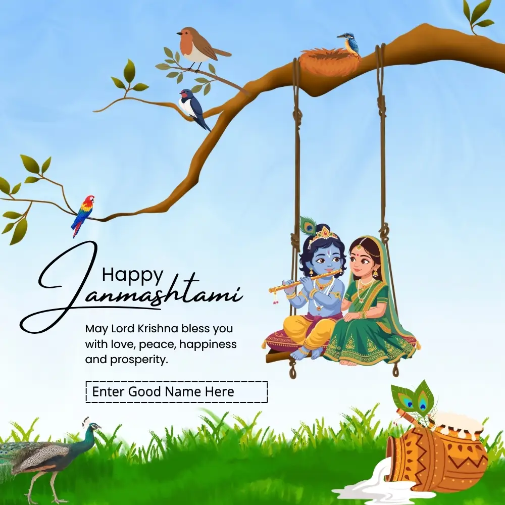 Lord Radha Krishna Janmashtami Wishes Poster with Name 