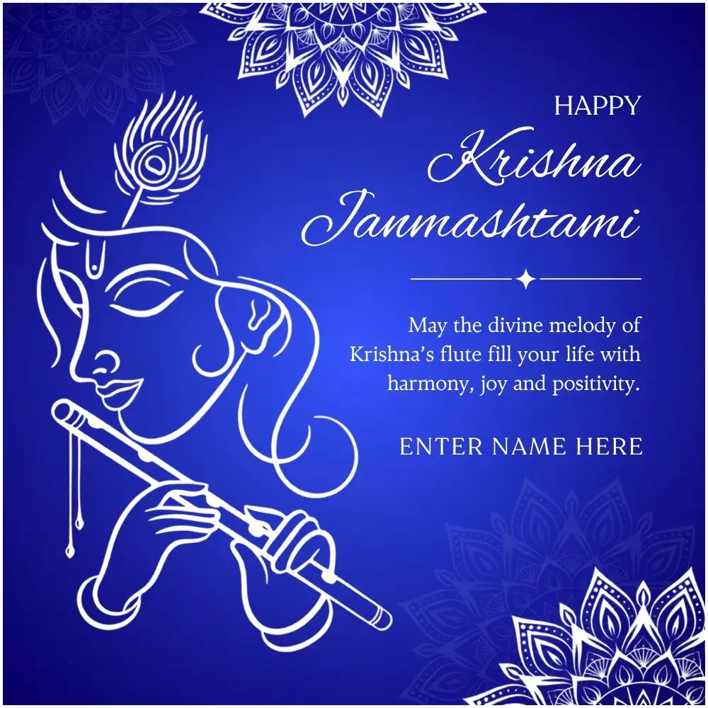 Blue Theme Krishna Janmashtami Wishes Card with Custom Name Edit