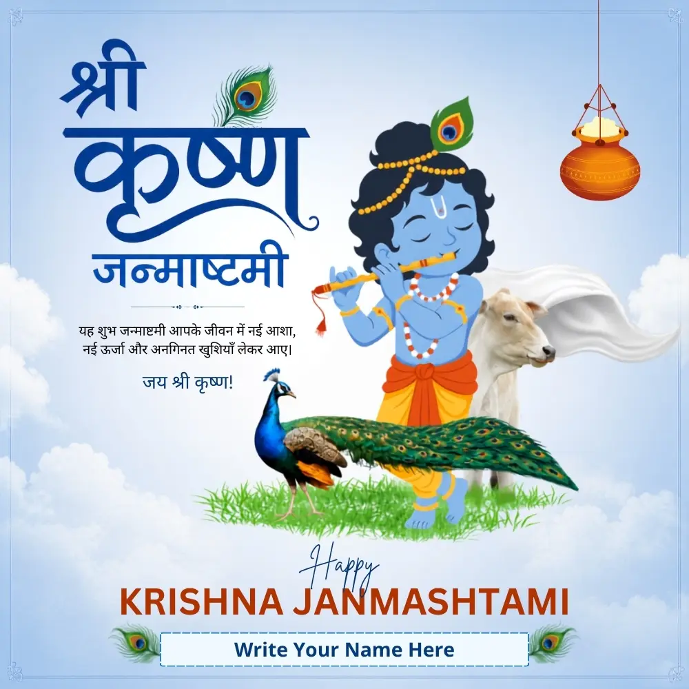 Writing My Name on Lord Krishna Janmashtami Flute and Peacock Greeting Poster